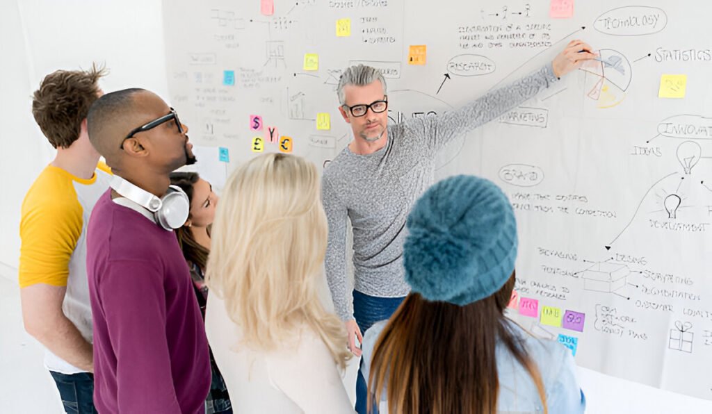 Sample AI Consulting Business Plan (With Real Revenue Projections) 1 AI business consultants analyzing data and financial projections on whiteboard and drafting an AI consulting business plan