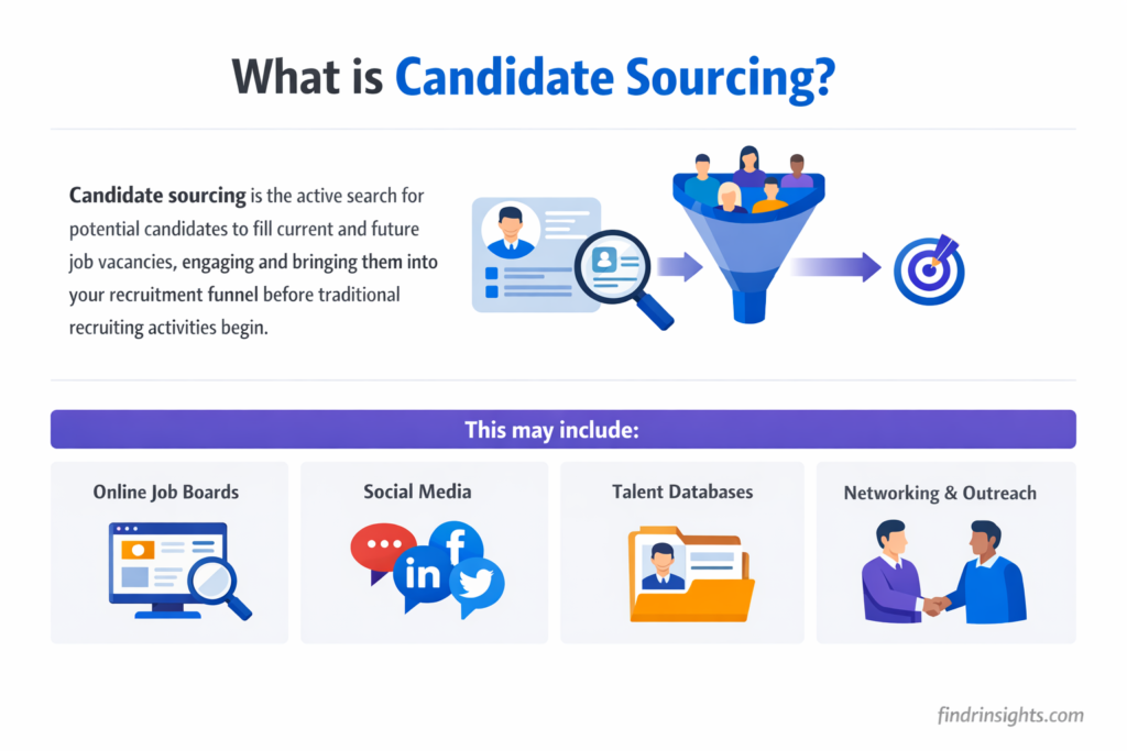 Horizontal infographic explaining what candidate sourcing is, defining candidate sourcing as the proactive search for potential candidates for current and future job vacancies, showing a magnifying glass, candidate profiles, a recruitment funnel, and engagement before traditional recruiting, designed for small business owners and hiring managers, with findrinsights.com watermark.