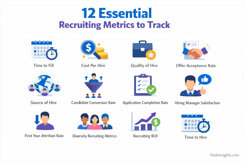 Horizontal infographic titled “12 essential recruiting metrics to Track” showing key recruiting metrics for hiring teams, including time to fill, time to hire, cost per hire, quality of hire, offer acceptance rate, source of hire, candidate conversion rate, application completion rate, hiring manager satisfaction, first year attrition rate, diversity recruiting metrics, and recruiting ROI, designed for small business owners and hiring managers.