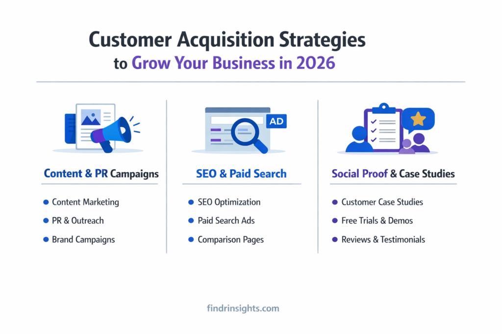 Customer Acquisition Strategies to Grow Your Business in 2026 1 Horizontal infographic titled “Customer Acquisition Strategies to Grow Your Business in 2026,” divided into three sections: Content & PR Campaigns (content marketing, PR, brand campaigns), SEO & Paid Search (SEO optimization, paid ads, comparison pages), and Social Proof & Case Studies (case studies, free trials, reviews). White background with blue and purple accents, flat icons, clean sans-serif text, and a findrinsights.com watermark at the bottom.