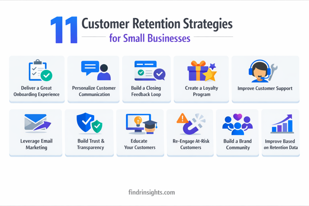 Horizontal infographic '11 Customer Retention Strategies for Small Businesses' showing 11 strategies with flat icons: onboarding, personalized communication, feedback loop, loyalty program, customer support, email marketing, trust & transparency, customer education, re-engagement, brand community, and retention data improvement. White background, black text, blue and purple accents, 'findrinsights.com' watermark."