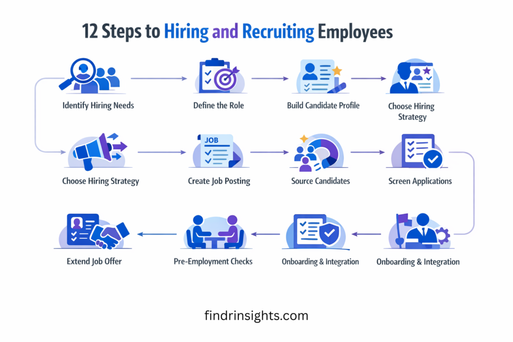 A process diagram illustrating the  hiring and recruiting employees process infographic 