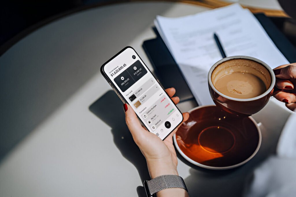 Cropped shot of a woman accessing online banking with mobile app on smartphone to manage her banking needs in a cafe. Managing finance and investment at easy access. Wealth management. Smart banking with technology illustrating cash flow management for small business