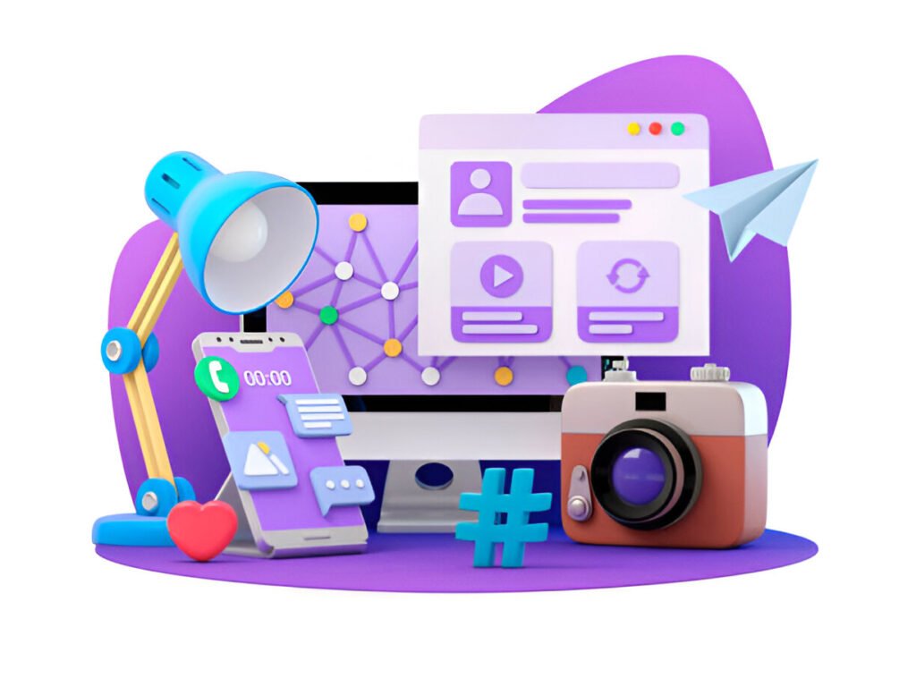 Computer, global networks, and social media concept. 3d illustration, demonstrating how to choose business software